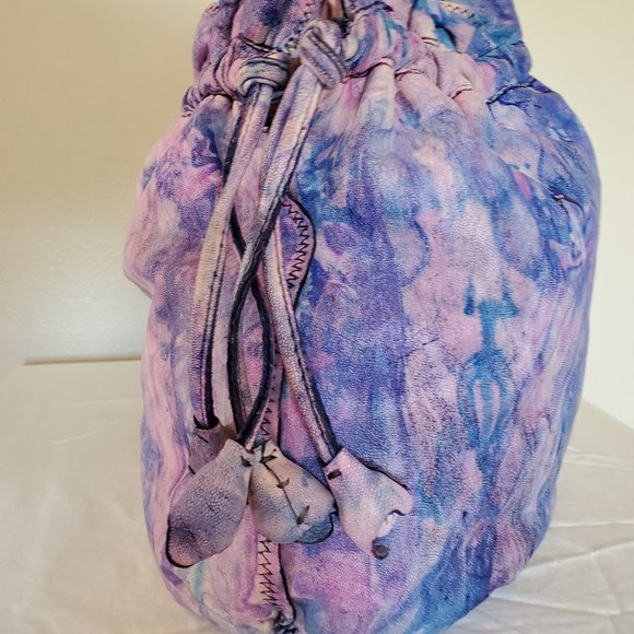 Leather tie dyed Lucky Brand Boho bucket Purse Hobo Bag pink purple blue painted - Picture 5 of 6